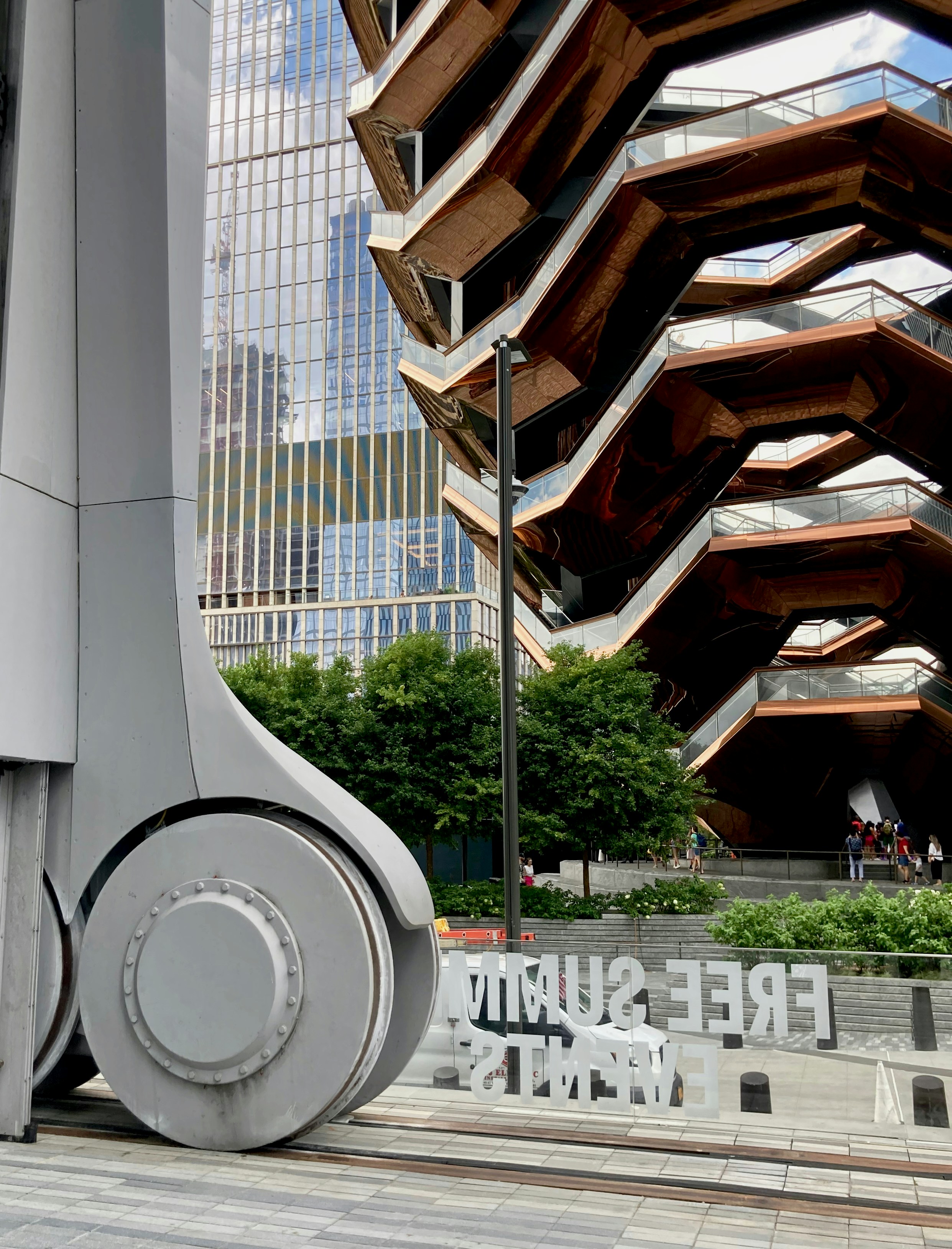 Hudson Yards' The Shed. Big Wheels detail, in front of The Vase in New York City.